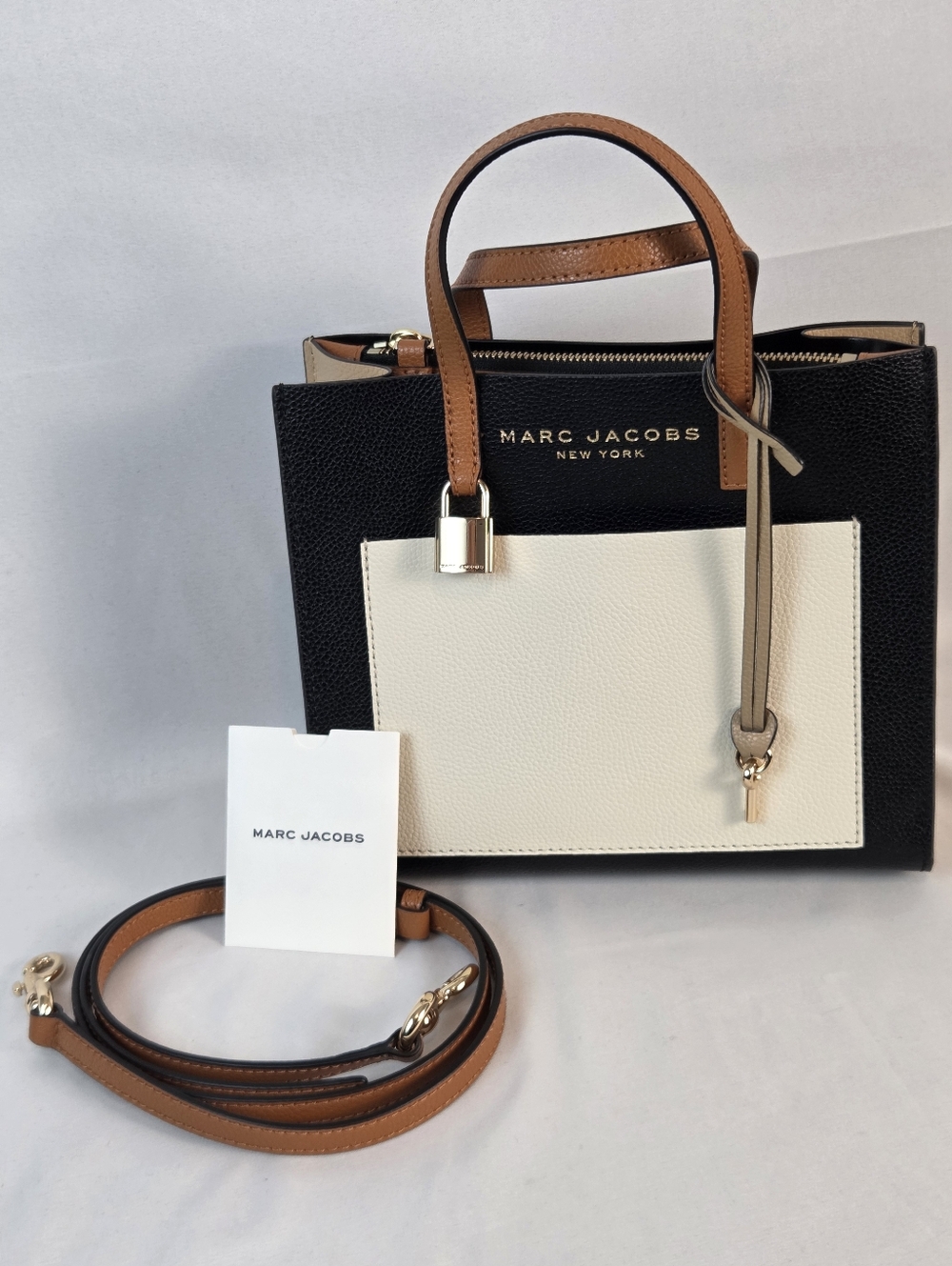 Marc Jacobs Black, White & Tan Pebbled Leather Satchel Tote Crossbody